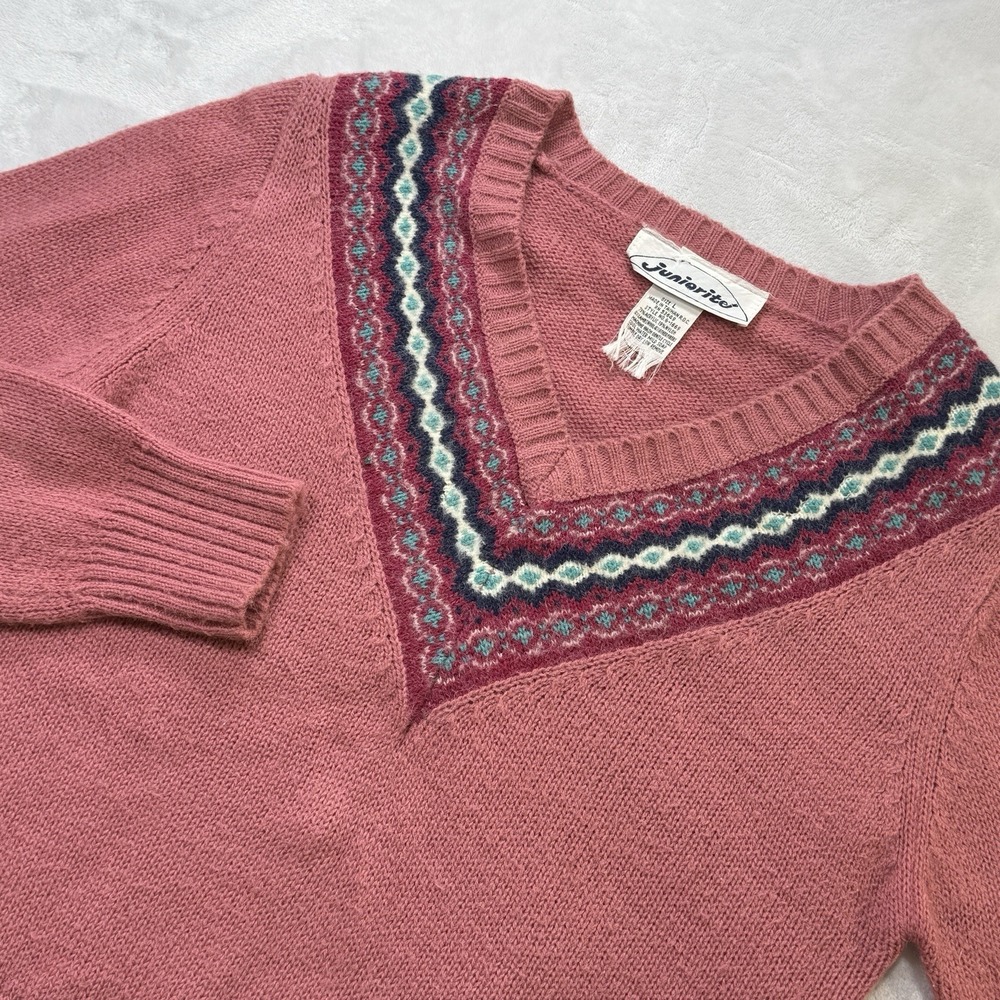 Vintage Juniorite Fair Isle V‎ Neck Sweater Womens L Pink Acrylic Knit 80s 90s